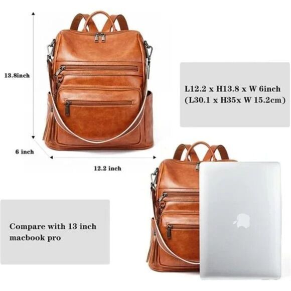 𝅺New Backpack Purse Vegan Leather with Tassel Retro, 1-Oil Wax Brown - Picture 3 of 7